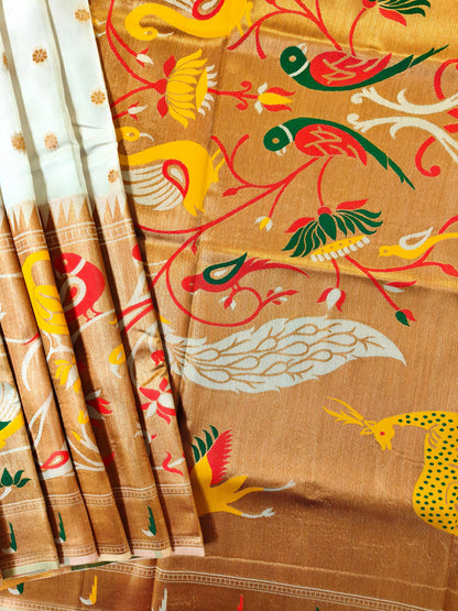 Premium Teal  Silk Saree with Peacock & Bird Woven Pallu- WHITE
