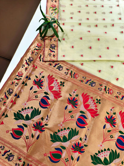 Paithani Silk Saree with Floral Motifs and Zari Pallu - WHITE