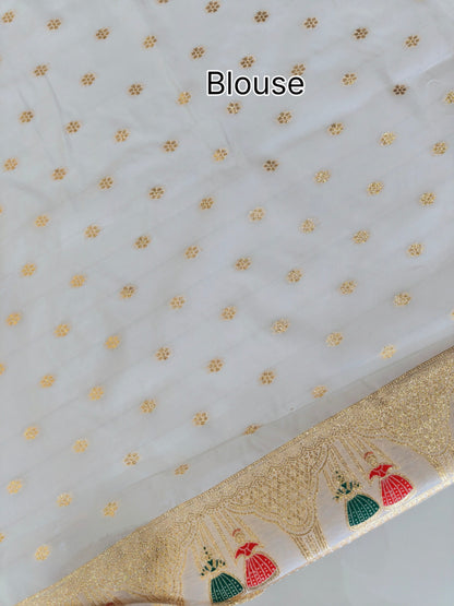 SOFT BANARASI PASHMINA  SAREE WITH ZARI BORDER -  WHITE