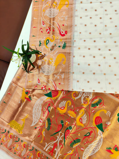 Premium Teal  Silk Saree with Peacock & Bird Woven Pallu- WHITE