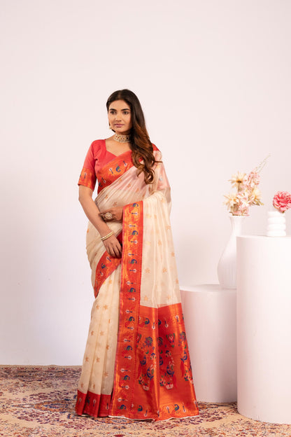 Pure Banarasi Paithani Silk Saree - WHITE
