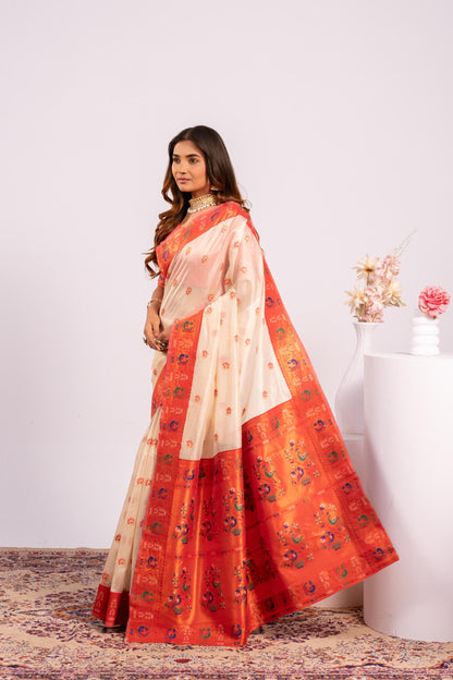 Classic Banarasi Paithani with Traditional Zari - WHITE