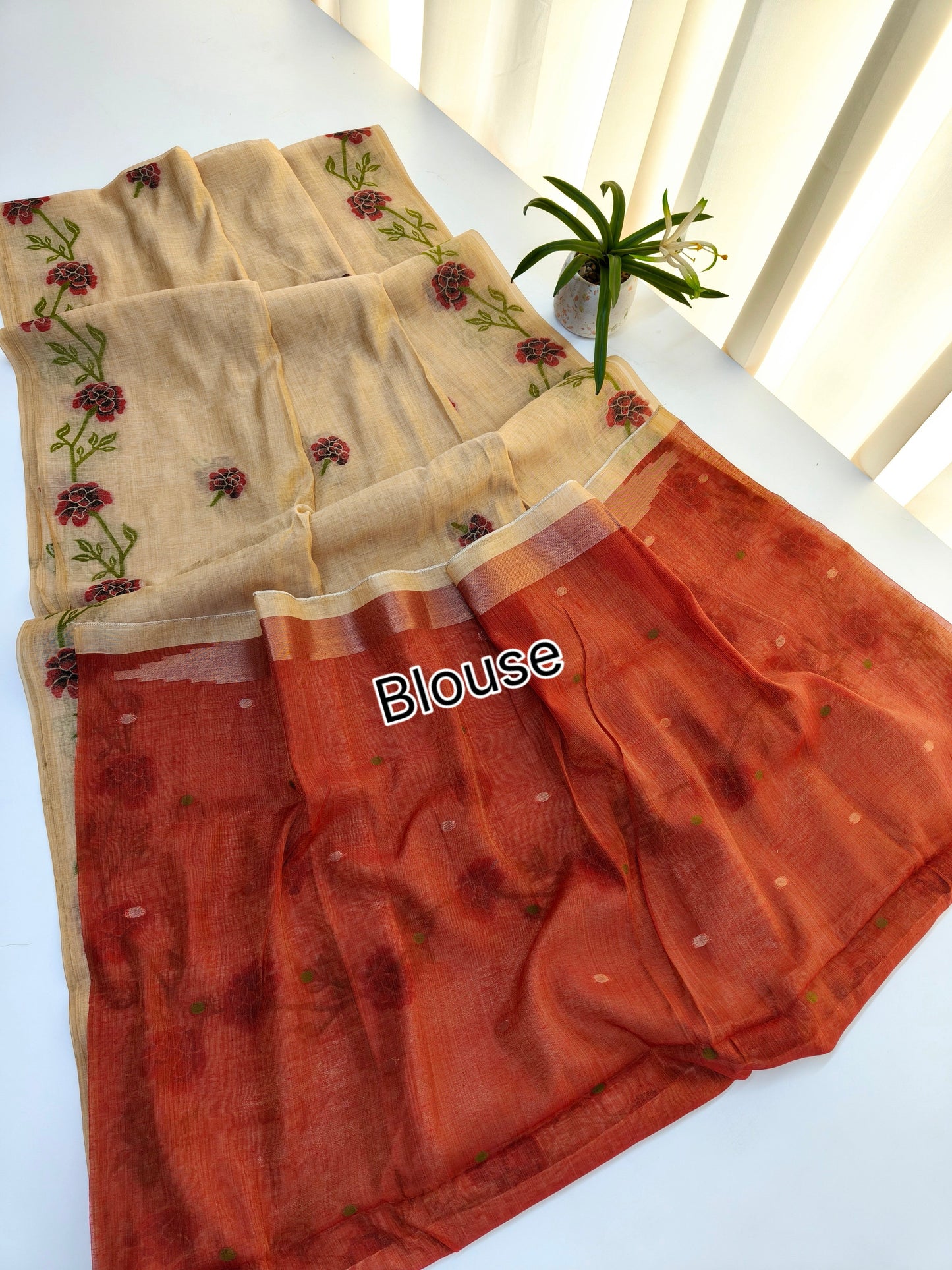 White Muga Cotton Saree | Floral Motif | Golden Zari Border | Ethnic Wear