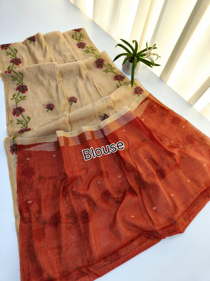 White Muga Cotton Saree | Floral Motif | Golden Zari Border | Ethnic Wear