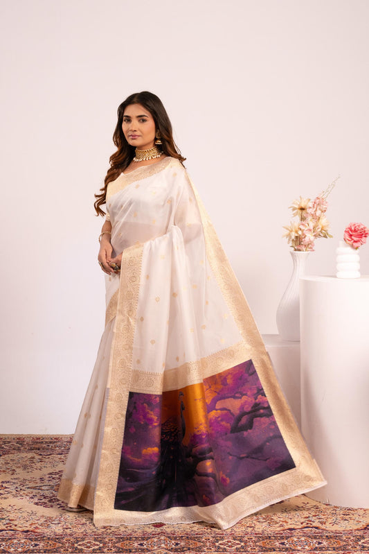 Traditional Paithani Saree with Zari Butti & Storytelling Pallu - WHITE