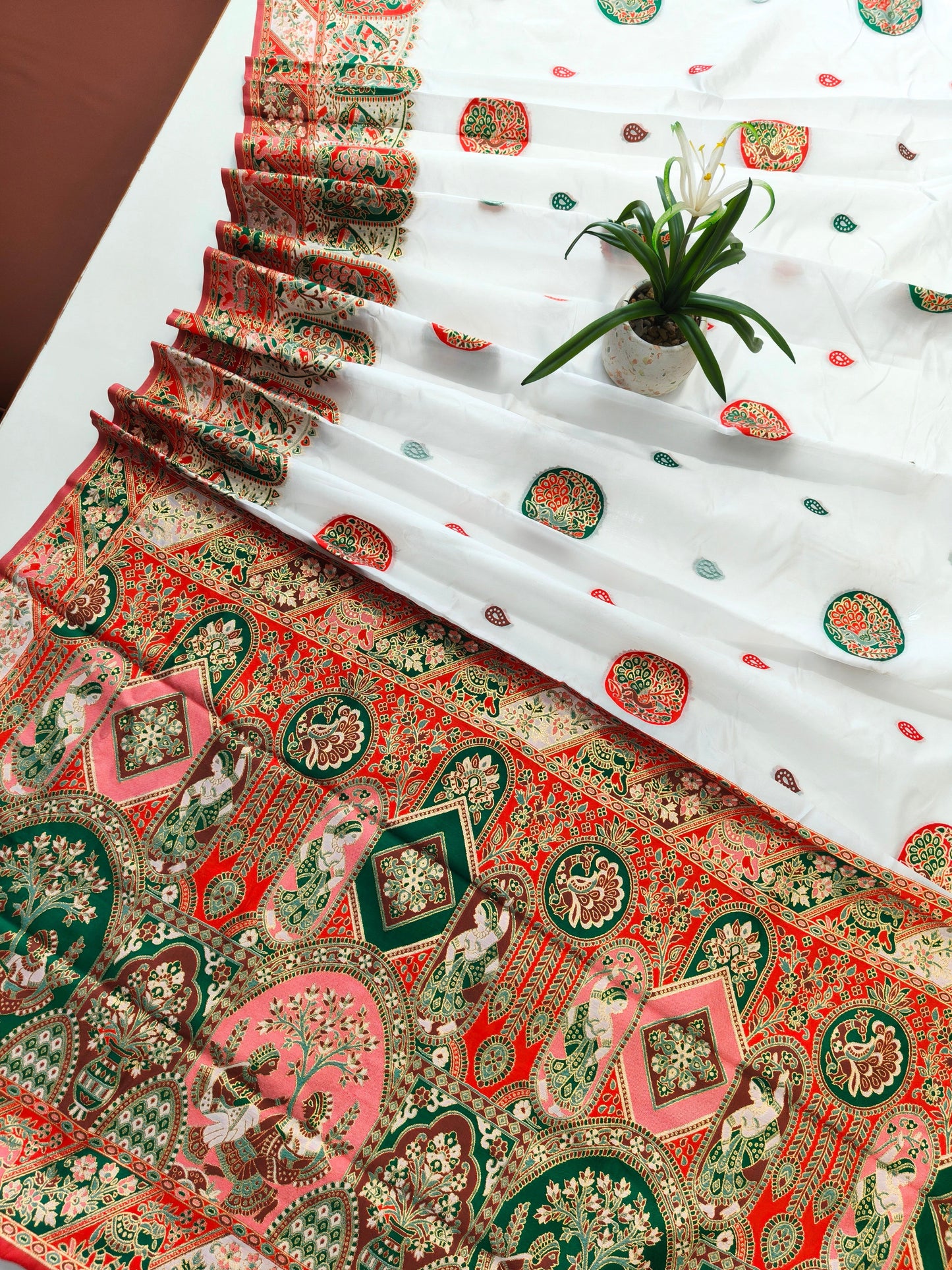 PURE SOFT RAJWADI PASHMINA SILK SAREE - WHITE