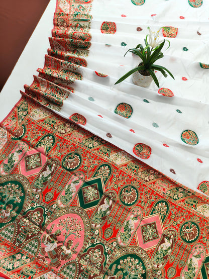 PURE SOFT RAJWADI PASHMINA SILK SAREE - WHITE