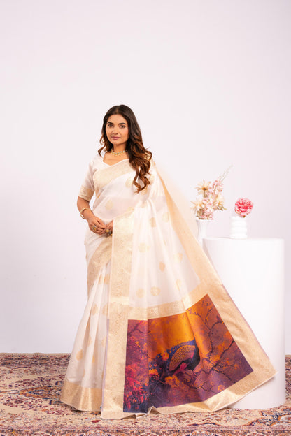 Handloom Banarasi Paithani Silk Saree with Artistic Peacock Pallu - WHITE