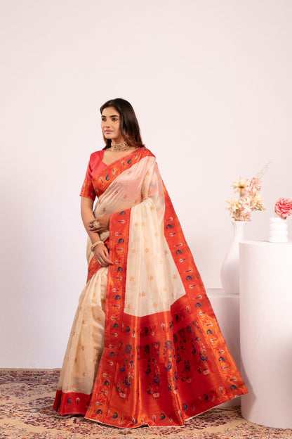 Pure Banarasi Paithani Silk Saree - WHITE