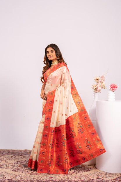 Classic Banarasi Paithani with Traditional Zari - WHITE