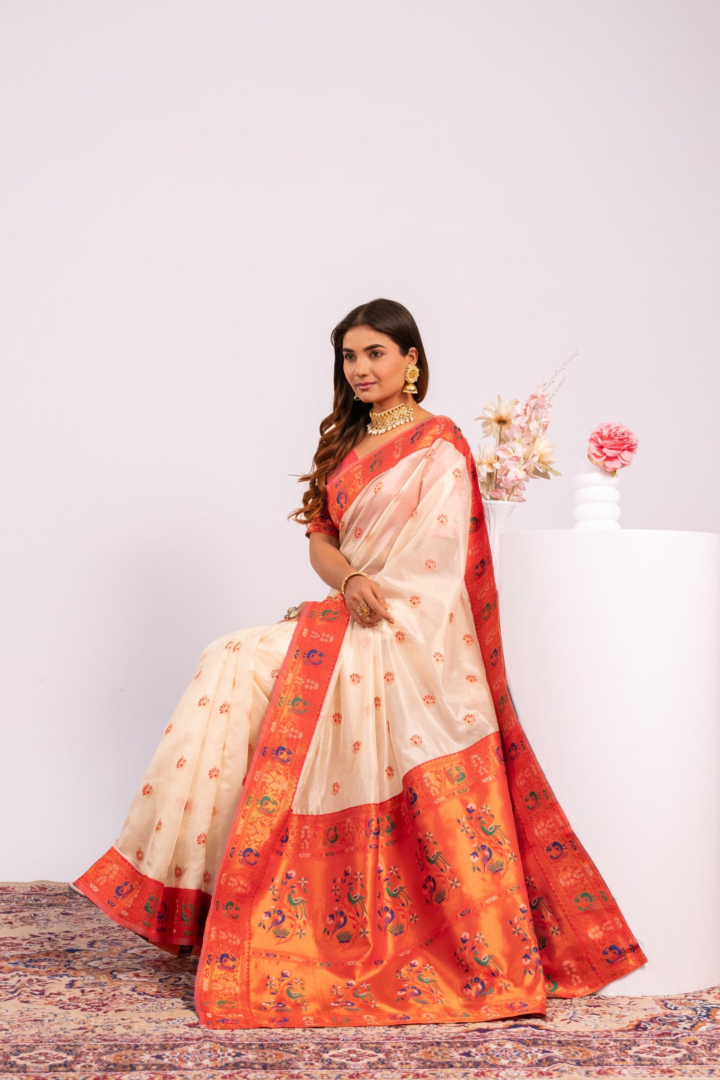 Classic Banarasi Paithani with Traditional Zari - WHITE