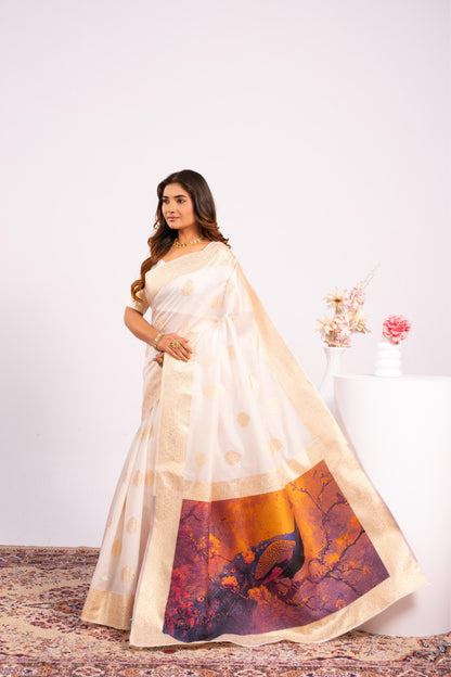 Handloom Banarasi Paithani Silk Saree with Artistic Peacock Pallu - WHITE