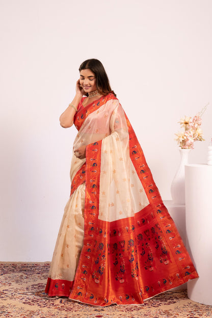 Pure Banarasi Paithani Silk Saree - WHITE