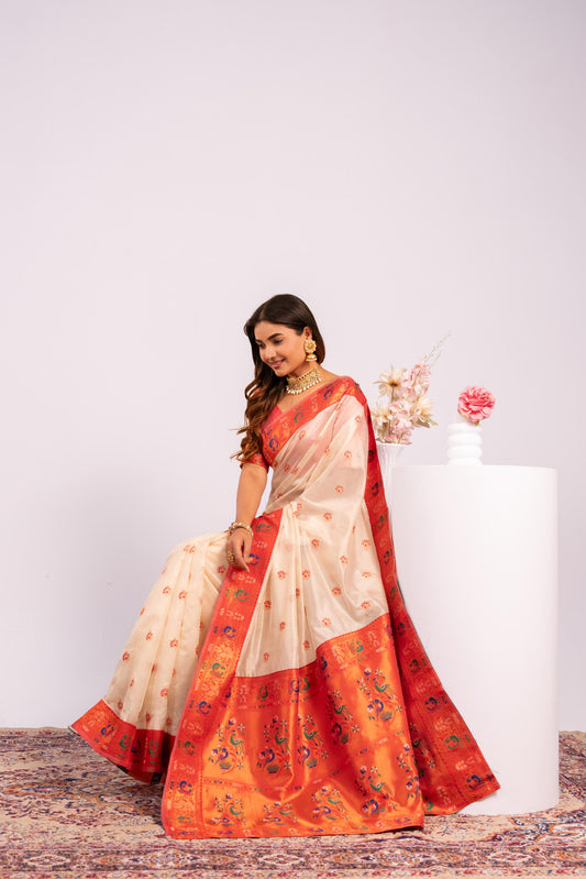 Classic Banarasi Paithani with Traditional Zari - WHITE