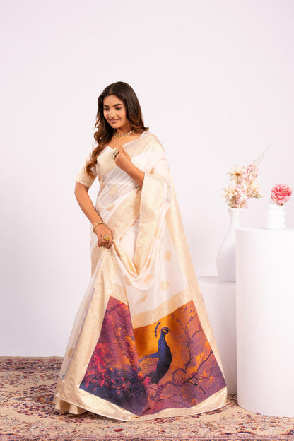 Handloom Banarasi Paithani Silk Saree with Artistic Peacock Pallu - WHITE