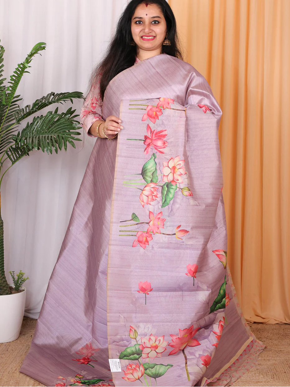 Premium Lotus Print Tussar Silk Saree - WINE