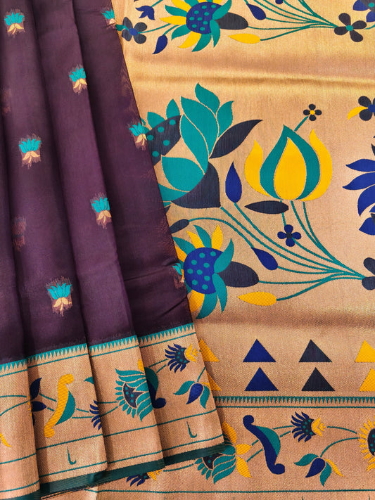 Paithani Silk Saree with Floral Motifs and Zari Pallu - WINE
