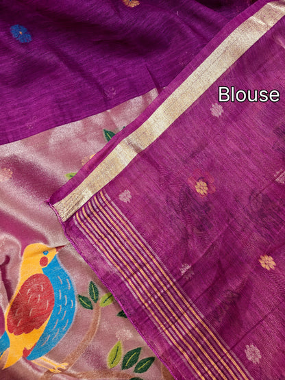 Pure Linen Saree With Zari Bird & Floral Pallu - WINE