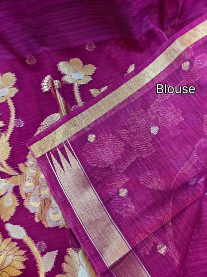 Pure Linen Saree with Antique Gold Floral & Peacock Zari Border - WINE