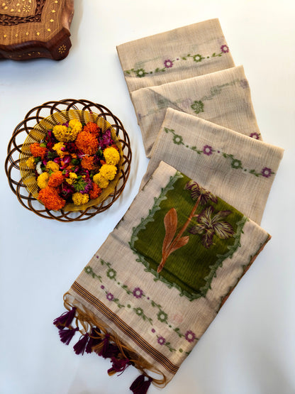 Muga Cotton Saree – Artistic Floral Panel Design -WINE