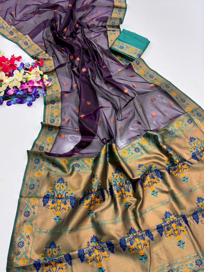 Royal Banarasi Saree with Contrast Blouse & Floral Motifs- WINE