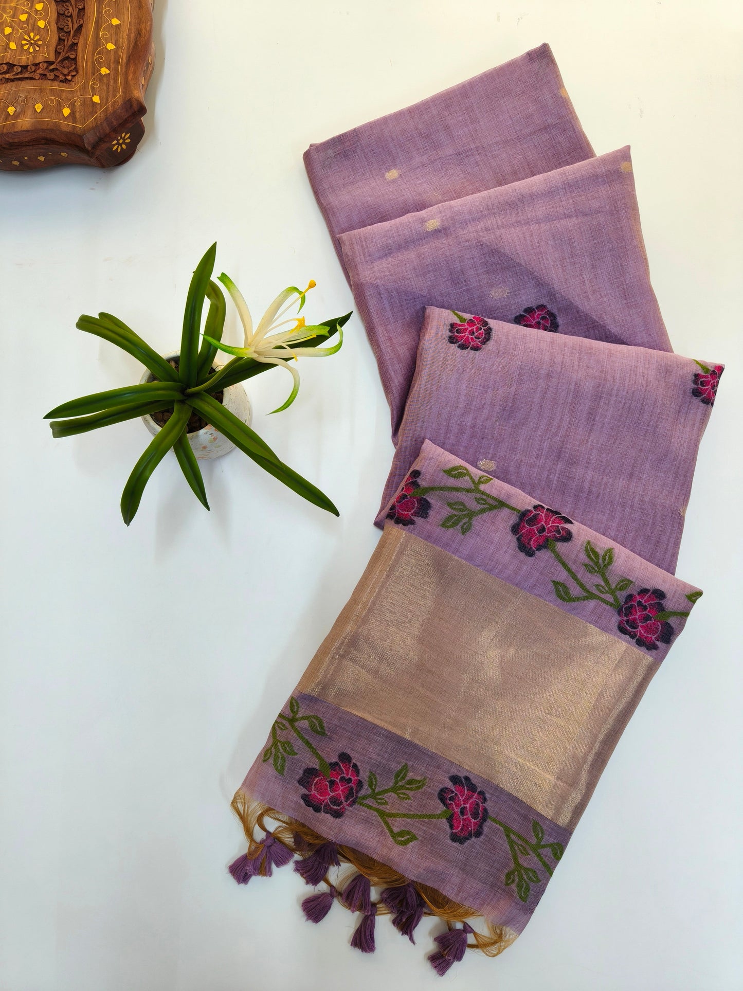Wine Muga Cotton Saree | Floral Motif | Golden Zari Border | Ethnic Wear