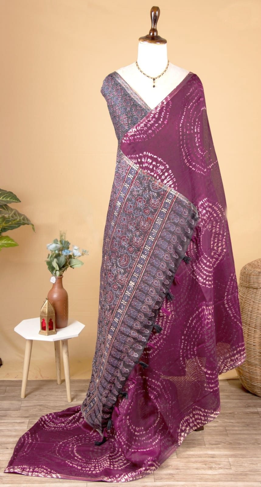Soft Linen Cotton Heritage Print Saree for Women - Wine