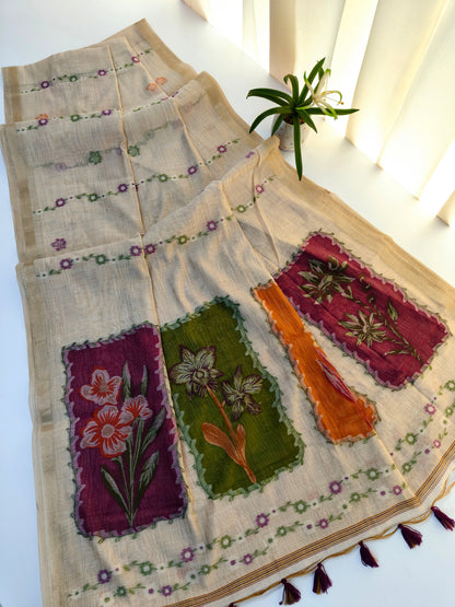 Muga Cotton Saree – Artistic Floral Panel Design -WINE