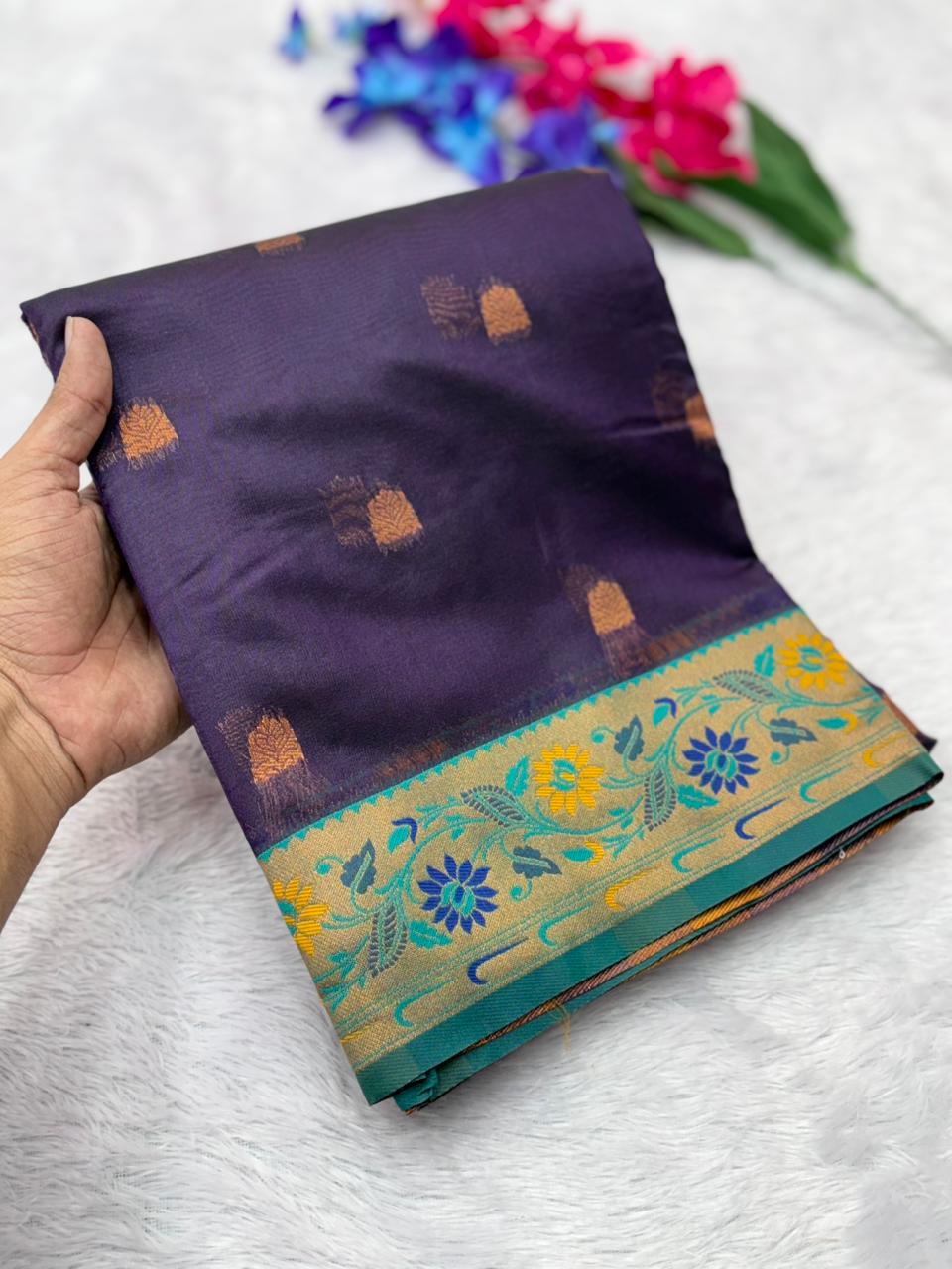 Royal Banarasi Saree with Contrast Blouse & Floral Motifs- WINE