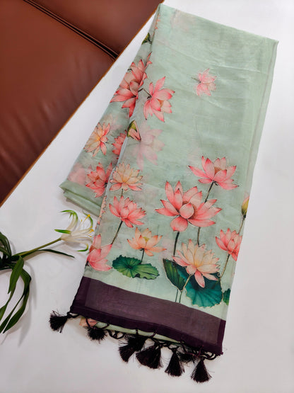 Elegant Organza Silk Saree with Floral Pallu and Stylish Tassels-WINE