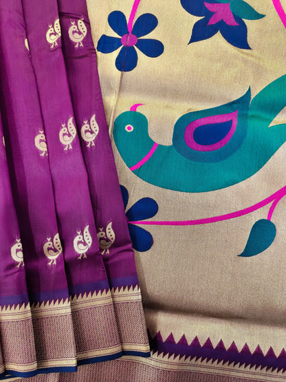 Heritage Hand-Weaving Silk Saree with Parrot Design- WINE