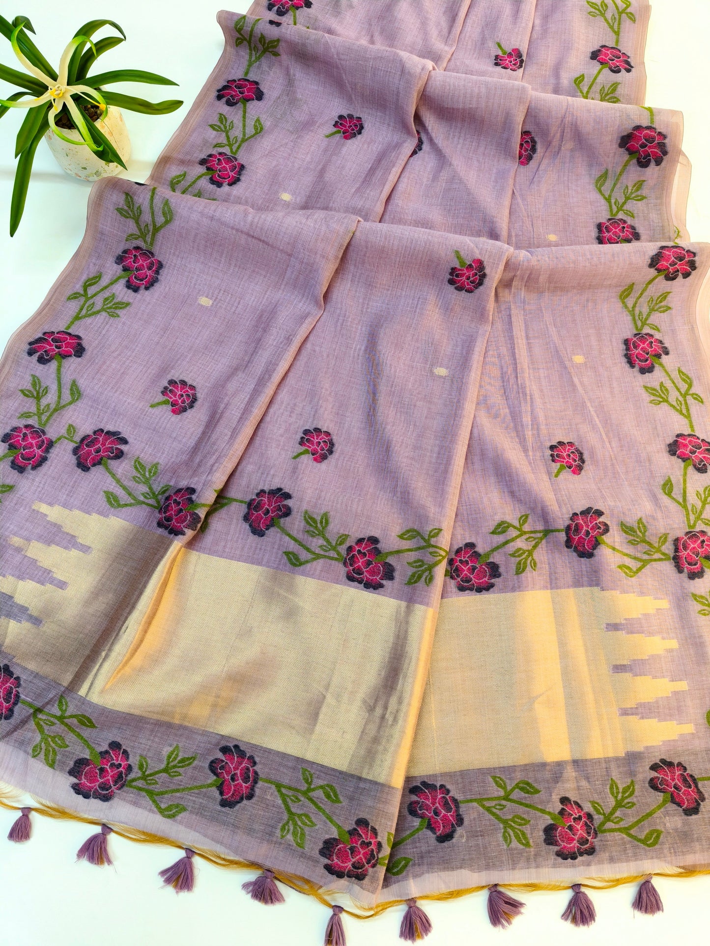 Wine Muga Cotton Saree | Floral Motif | Golden Zari Border | Ethnic Wear