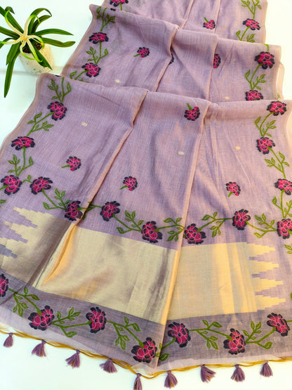 Wine Muga Cotton Saree | Floral Motif | Golden Zari Border | Ethnic Wear