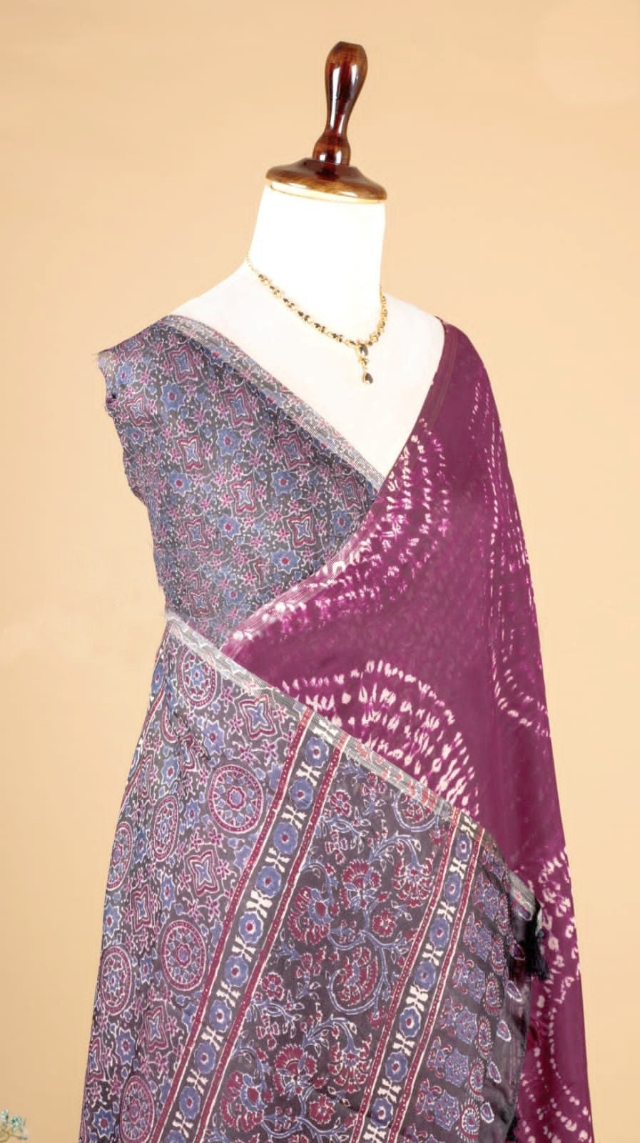 Soft Linen Cotton Heritage Print Saree for Women - Wine