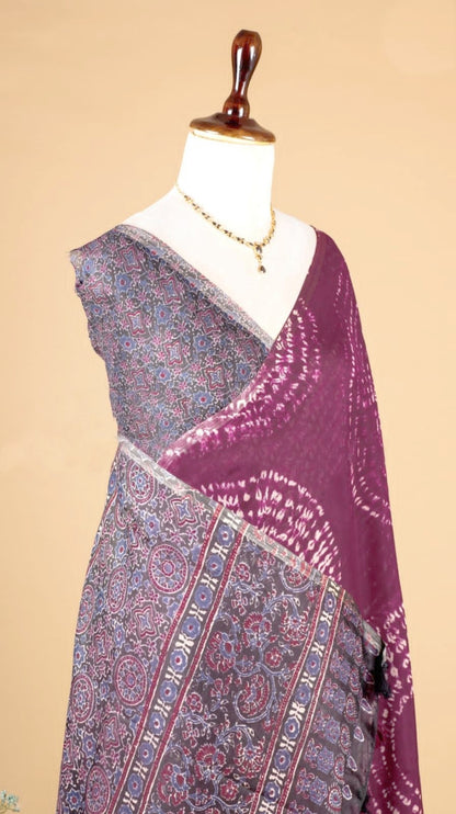 Soft Linen Cotton Heritage Print Saree for Women - Wine