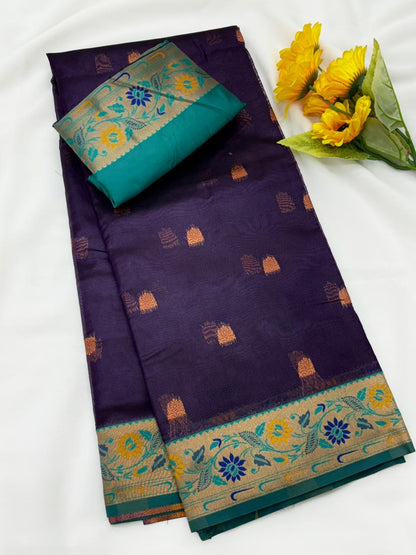 Royal Banarasi Saree with Contrast Blouse & Floral Motifs- WINE