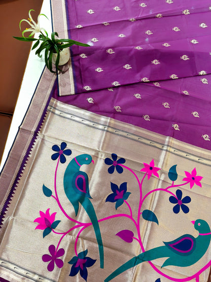 Heritage Hand-Weaving Silk Saree with Parrot Design- WINE