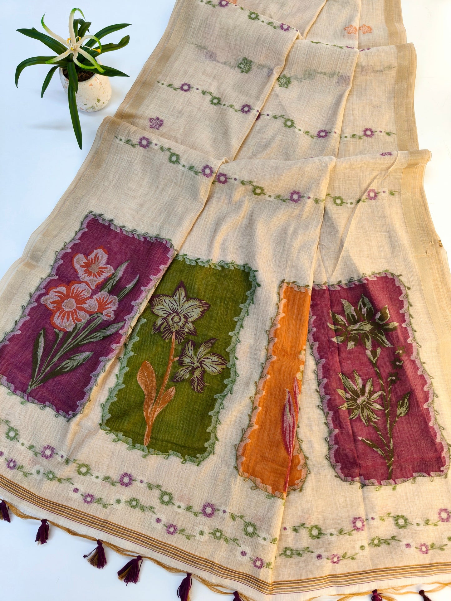 Muga Cotton Saree – Artistic Floral Panel Design -WINE