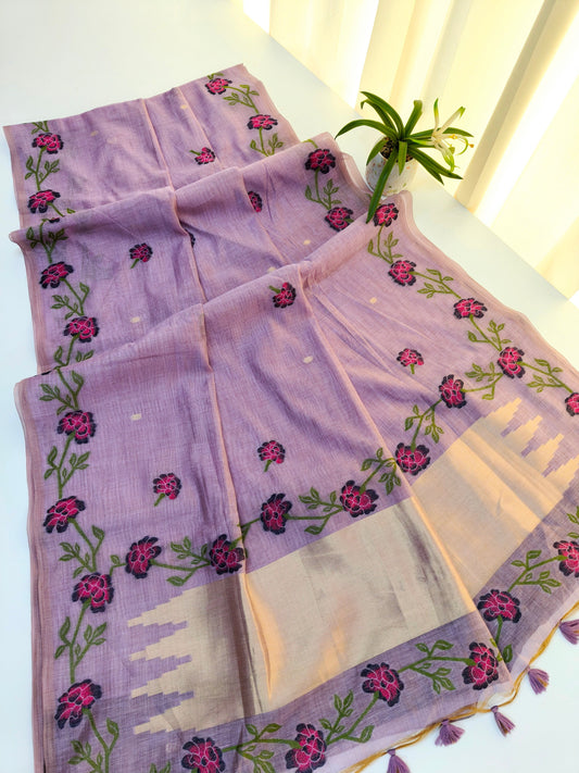 Wine Muga Cotton Saree | Floral Motif | Golden Zari Border | Ethnic Wear
