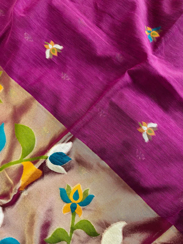 PURE MUSLIN LINEN ZARI JAMDANI SAREE-WINE