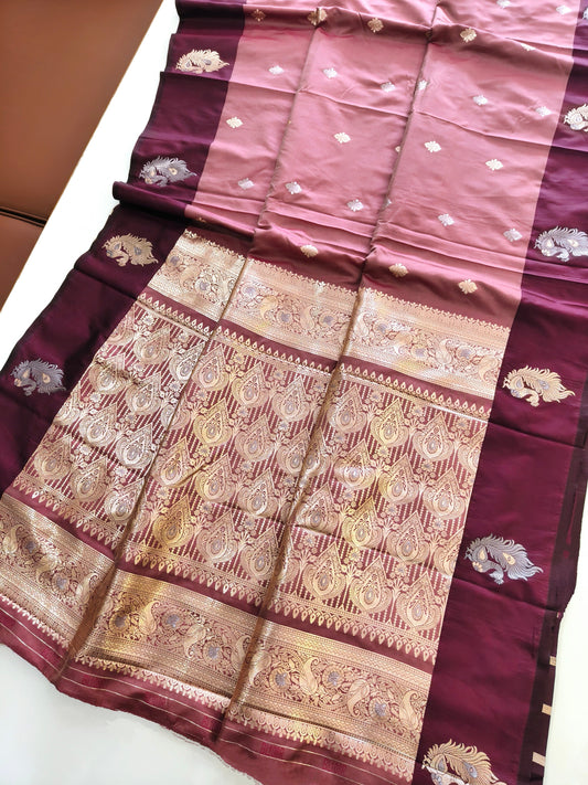 Banarasi Katan Silk Saree With Peacock Weaving  - WINE