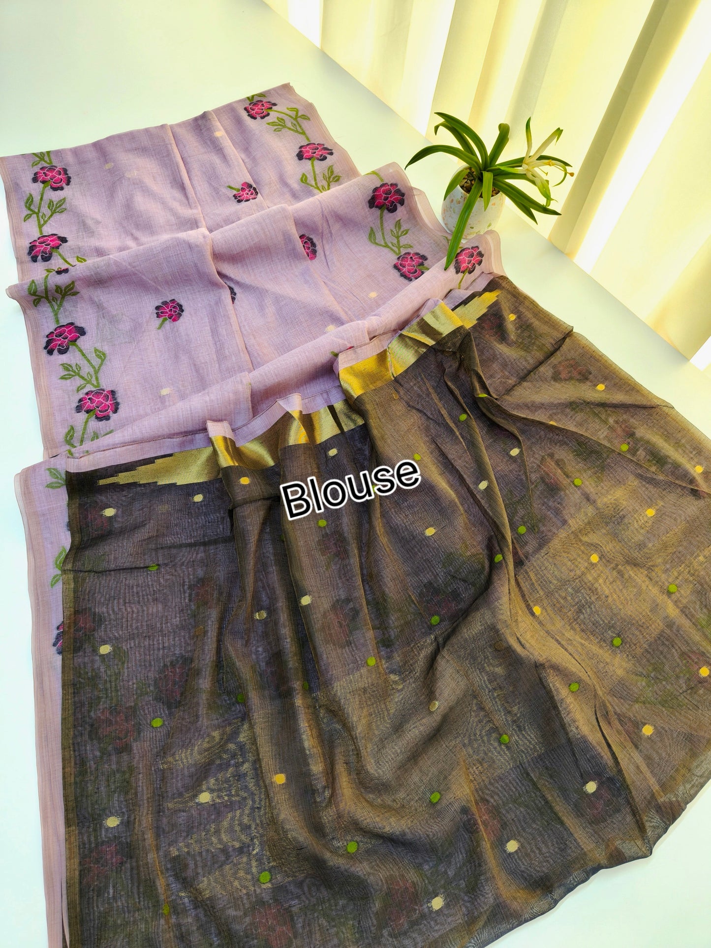 Wine Muga Cotton Saree | Floral Motif | Golden Zari Border | Ethnic Wear