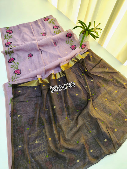 Wine Muga Cotton Saree | Floral Motif | Golden Zari Border | Ethnic Wear