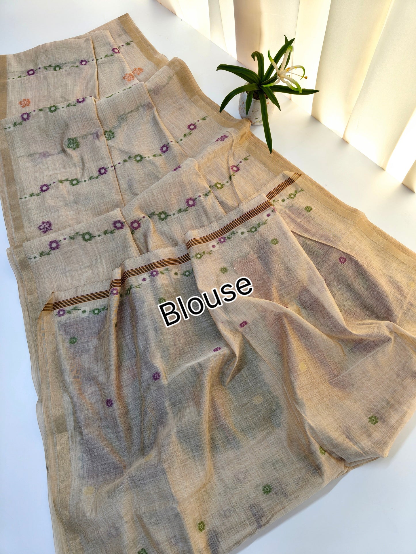 Muga Cotton Saree – Artistic Floral Panel Design -WINE