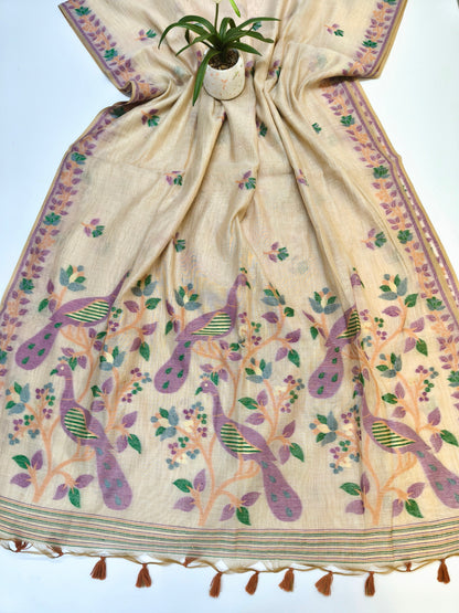 Signature Muga Cotton Saree with Peacock Inspired Pallu - WINE