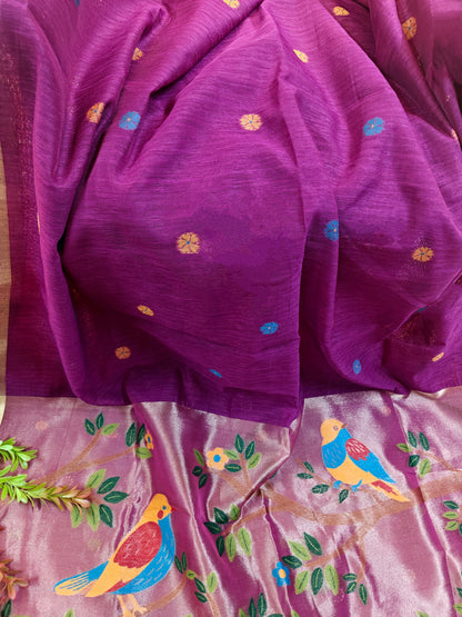 Pure Linen Saree With Zari Bird & Floral Pallu - WINE