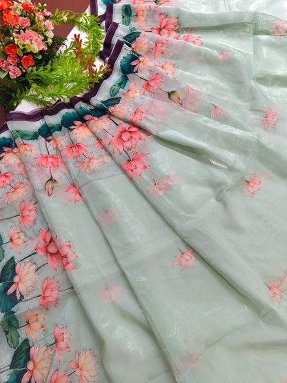 Elegant Organza Silk Saree with Floral Pallu and Stylish Tassels-WINE