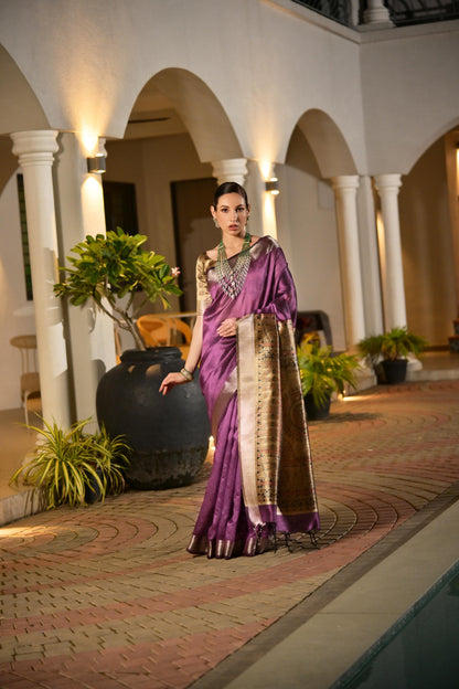 Soft Raw Silk Madhubani Printed Pallu - WINE