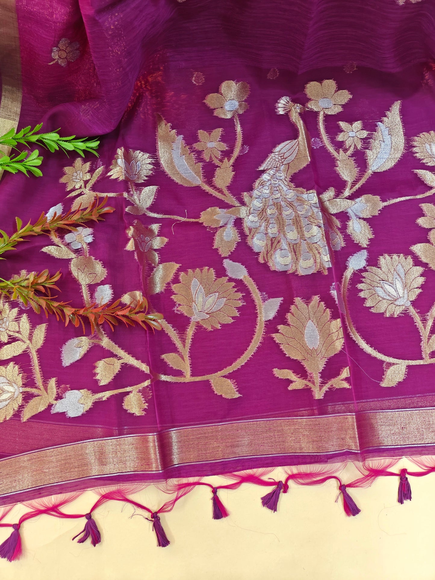 Pure Linen Saree with Antique Gold Floral & Peacock Zari Border - WINE