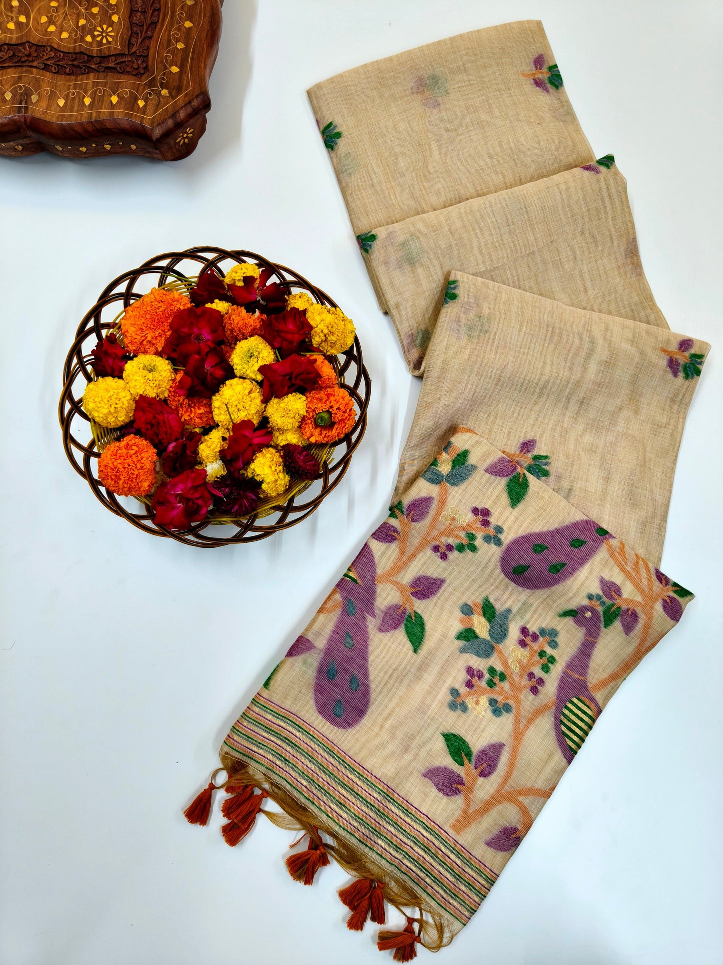 Signature Muga Cotton Saree with Peacock Inspired Pallu - WINE